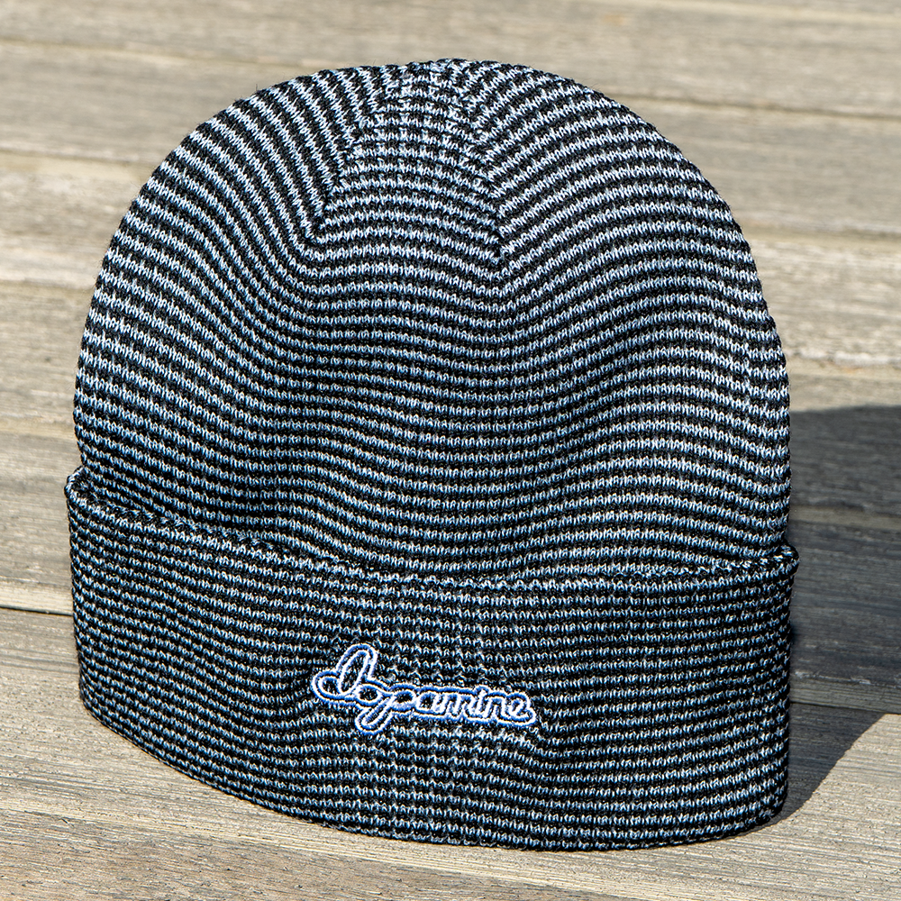 Grey & black striped Script Beanie with white embroidery