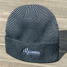 Grey & black striped Script Beanie with white embroidery