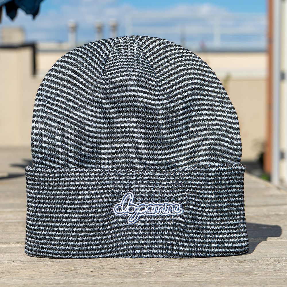 Grey & black striped Script Beanie with white embroidery