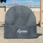 Grey & black striped Script Beanie with white embroidery