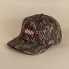 Angled view brown camouflage 5 panel dōp snapback cap.