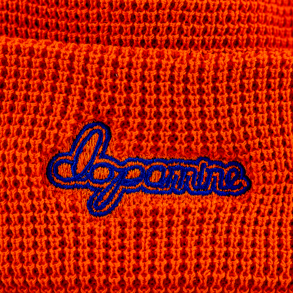 Orange Script Beanie with embroidered “dopamine” text – close up