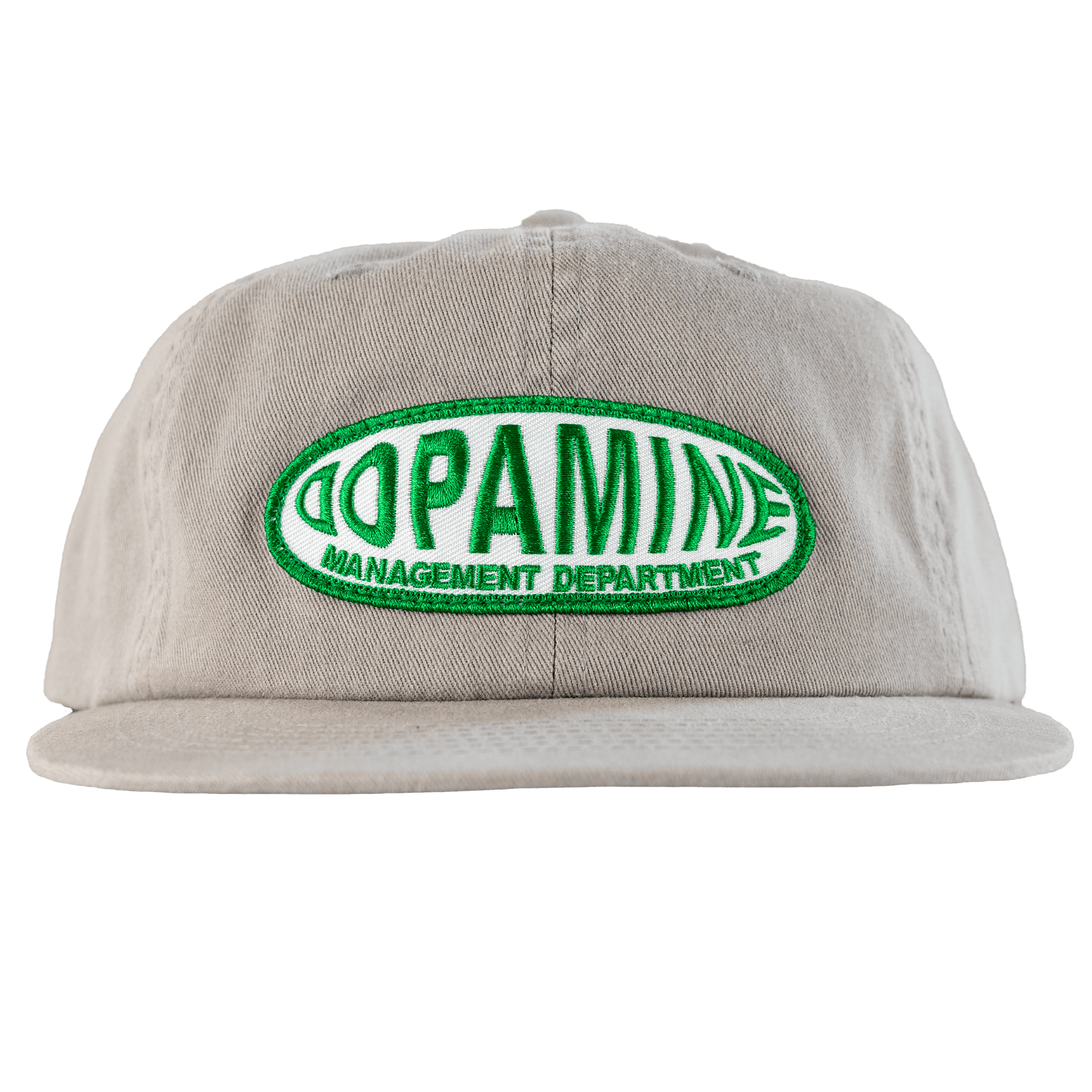 Beige cap with green and white 'Dopamine Management Department' logo on a transparent background