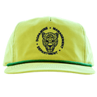 A green snapback style cotton nylon hat with a blue embroidered leopard face at the center, surrounded by text that reads 'DOPamine MANAGEMENT DEPARTMENT'. The hat has a curved brim and an adjustable snap closure.