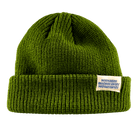 Green knit  low profile beanie with Dopamine Management Department label on a transparent background