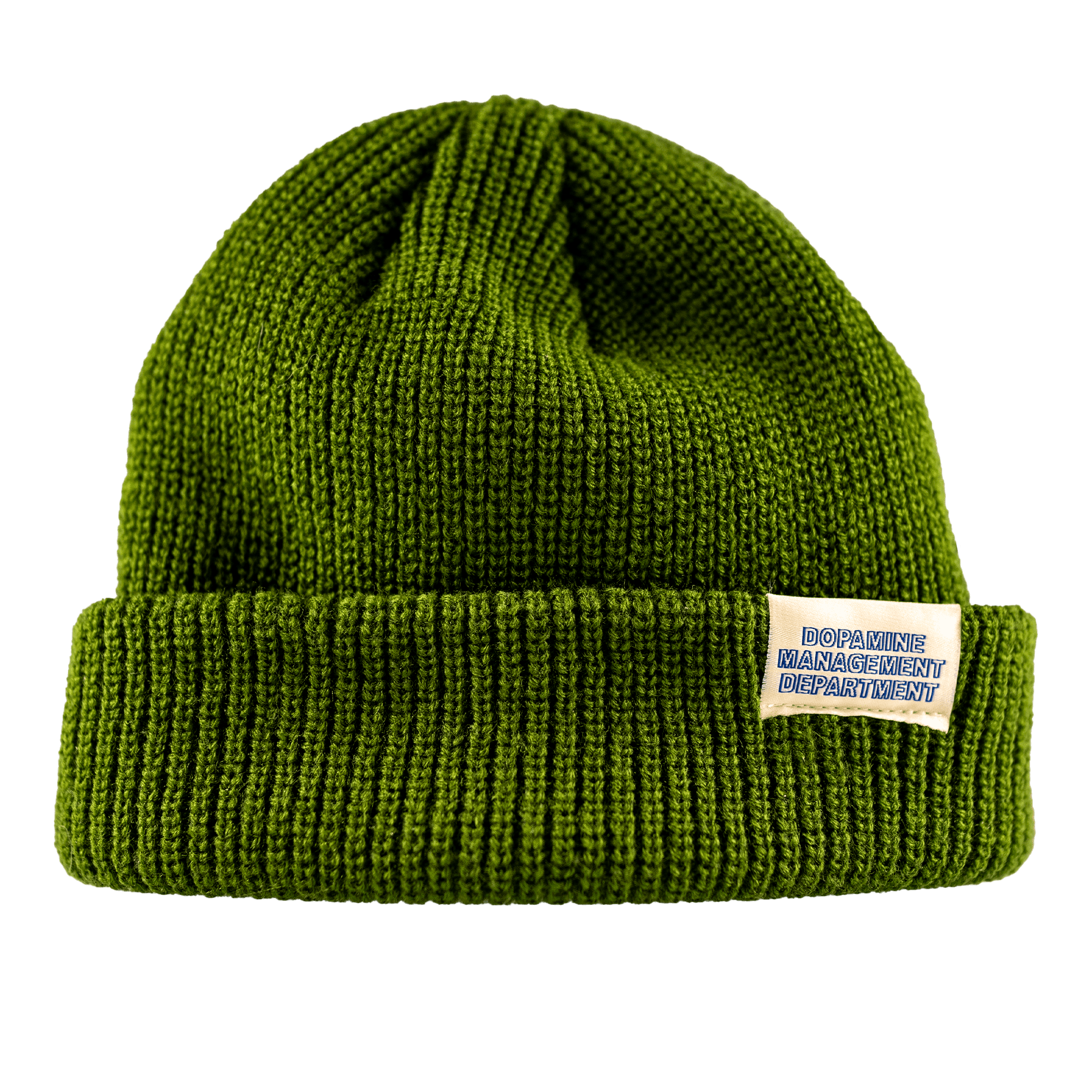 Green knit  low profile beanie with Dopamine Management Department label on a transparent background
