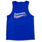Royal blue Dopamine Sluggers tank top with vintage baseball font and Mindflower icon