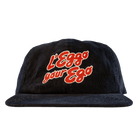 black corduroy adjustable cap with "L'Eggo Your Ego" design