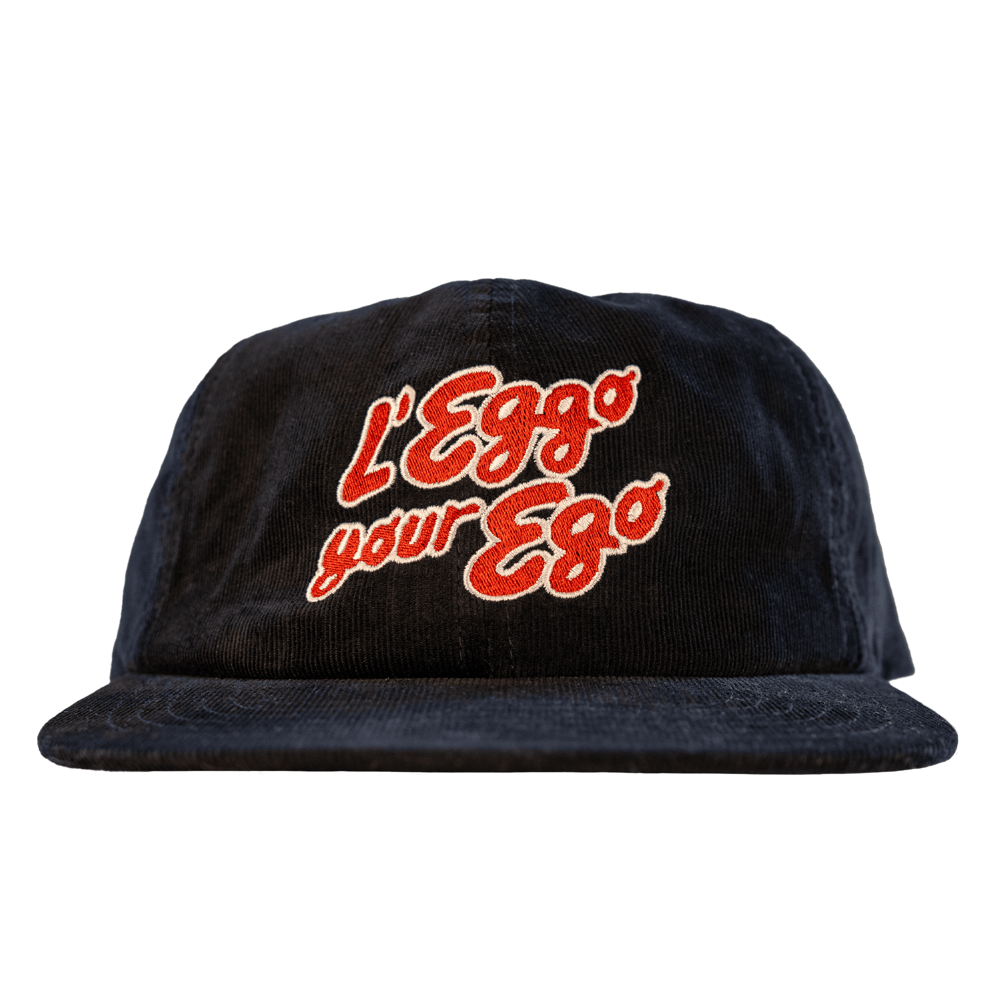 black corduroy adjustable cap with "L'Eggo Your Ego" design