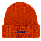 Orange knit beanie with script "dopamine" logo in blue stitching