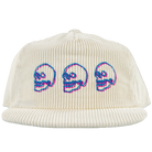 Off-white corduroy snapback hat with embroidered neon skulls on front