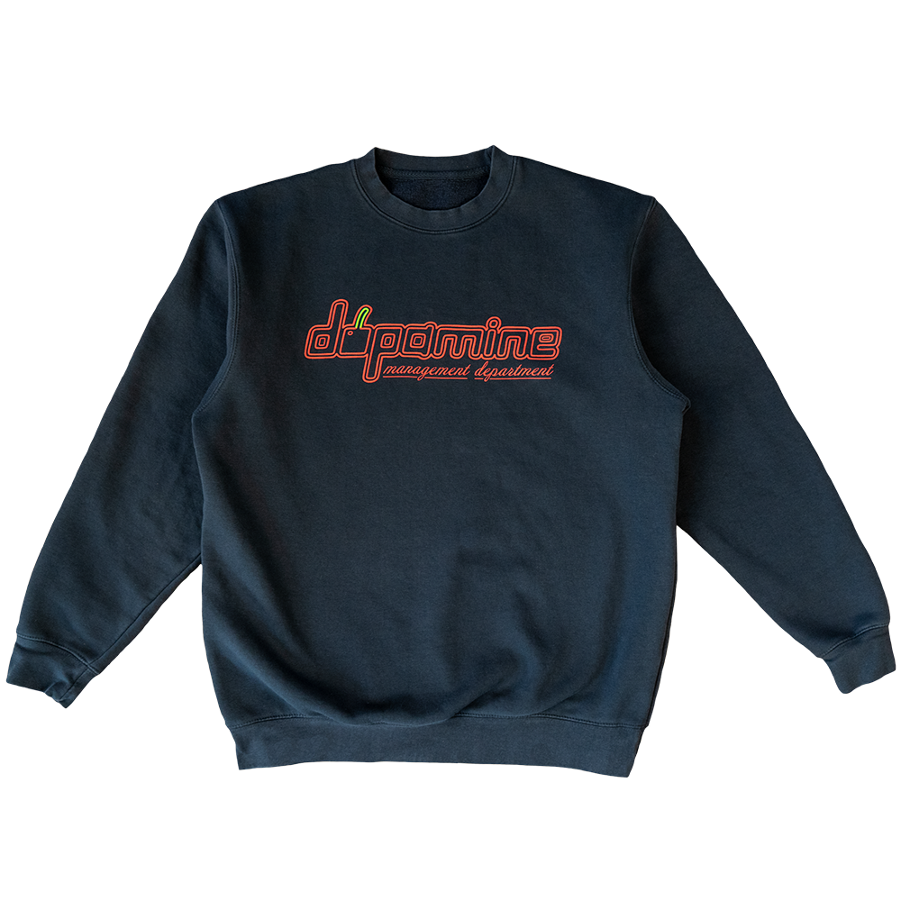 Navy heavy sweatshirt with red geometric cherry dopamine management department logo