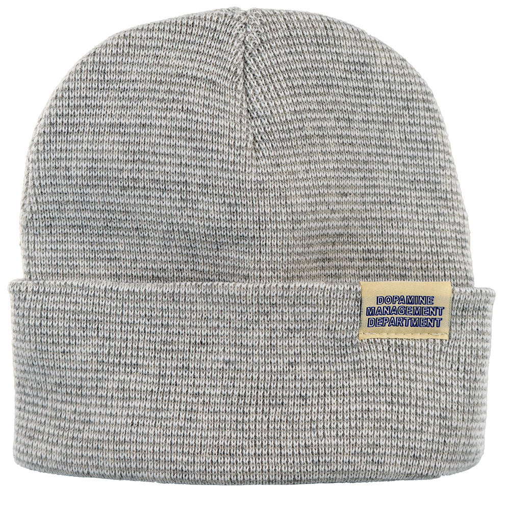 Heather Beanie in white & grey heather with Dopamine Management Department label