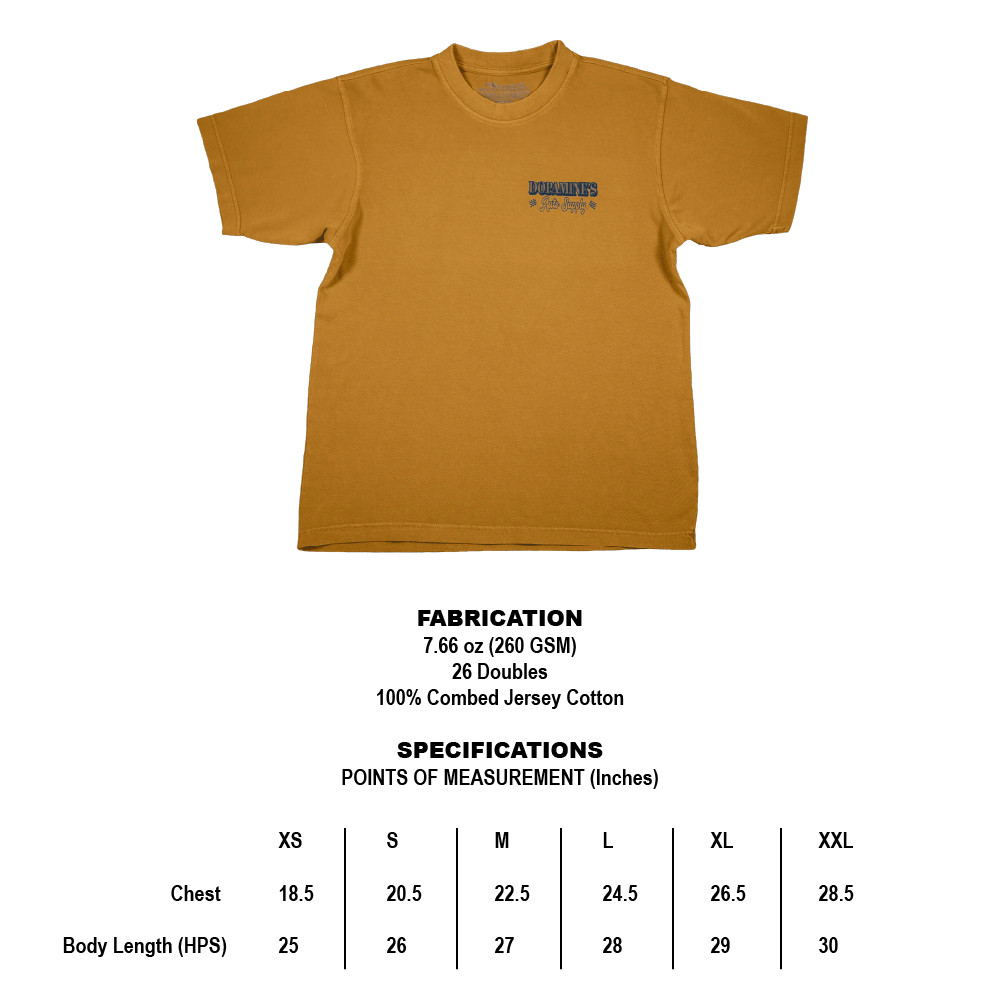 Sizing chart for Under the Hood heavyweight tee