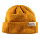 Yellow knit  low profile beanie with Dopamine Management Department label on a transparent background