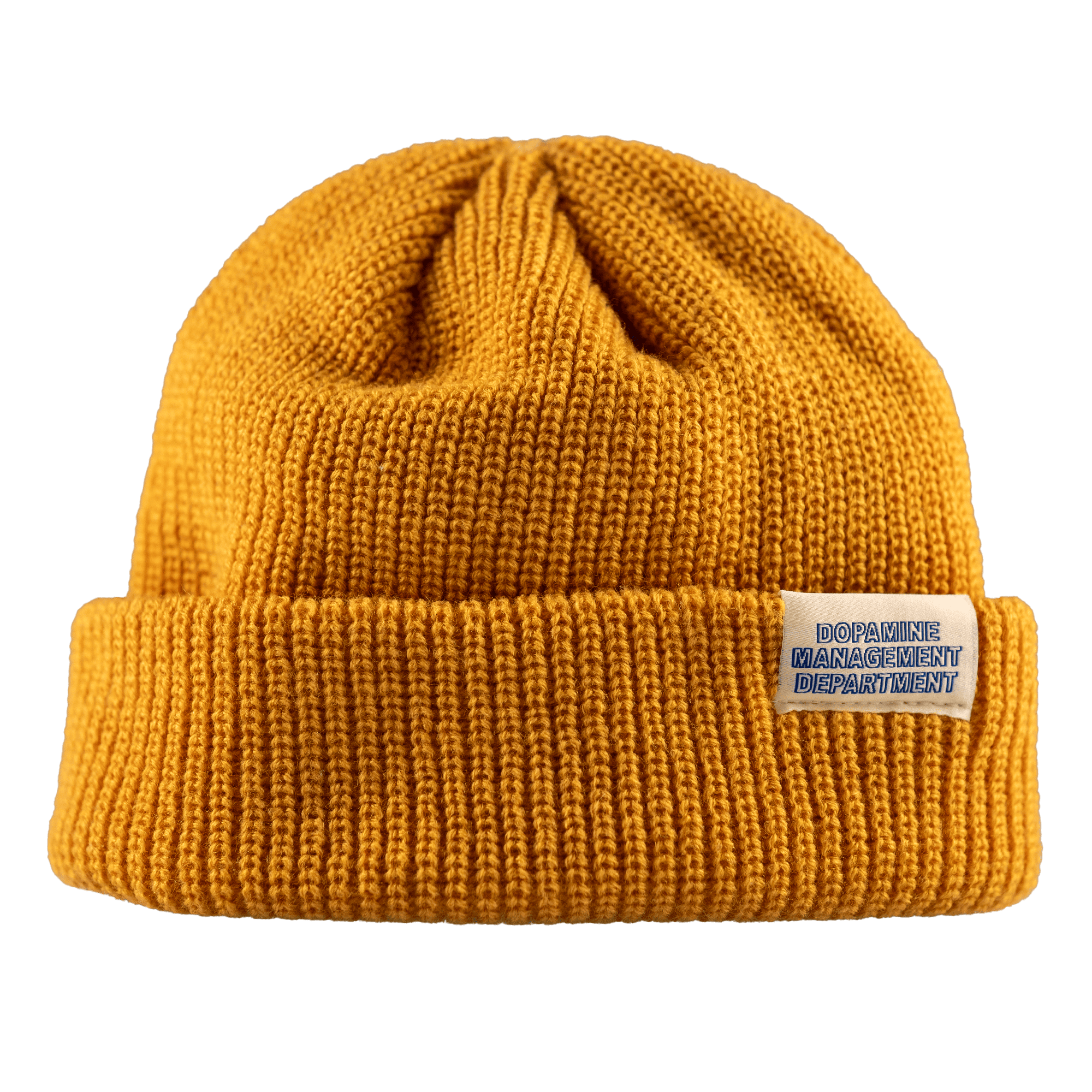 Yellow knit  low profile beanie with Dopamine Management Department label on a transparent background
