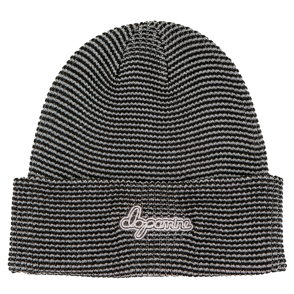 Grey and White striped beanie with script "dopamine" logo in white stitching