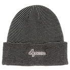 Grey and White striped beanie with script "dopamine" logo in white stitching